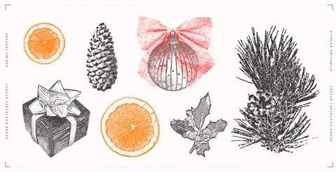 Holiday and Winter-themed Elements. Stippling Christmas Vector Set Stock Illustration