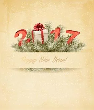 Holiday background with christmas tree branches and a gift box. Vector. Stock Illustration