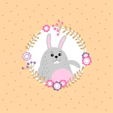 Holiday background with easter bunny and floral vreath. Stock Illustration