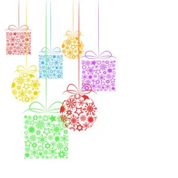 Holiday background with gift boxes and decor balls with stars and snowflakes, Illustrazione stock