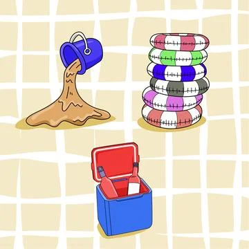 Holiday beach element icons such as a sand bucket, a cold drink, and a colorful  스톡 일러스트