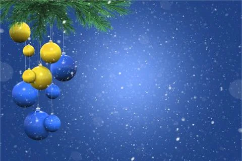 Holiday blue background with real snow, some christmas ornaments and copy spa Ilustração Stock