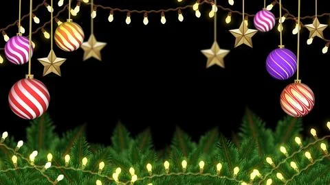A holiday border made of warm string lights, evergreen boughs, and hanging .. Stock Illustration