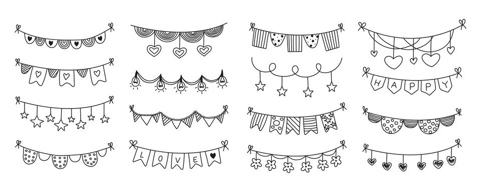 Holiday bunting doodle set. Vector flags, hearts, stars, dots. Hand doodle .. Stock Illustration