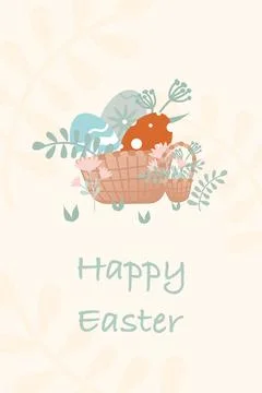 Holiday card. Basket with Easter eggs. Retro style illustration. Hand drawn. Stock Illustration
