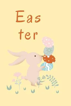 Holiday card. Easter bunny and pyramid of eggs. Retro style illustration. Hand Stock Illustration