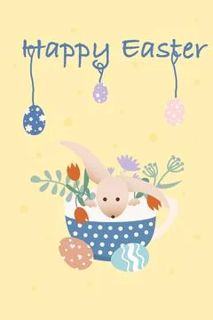 Holiday card. Easter bunny in a cup and Easter eggs. Retro style illustration Stock Illustration