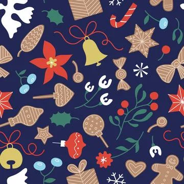 Holiday Christmas doodle elements seamless pattern on blue. Cute flat Illustrazione stock