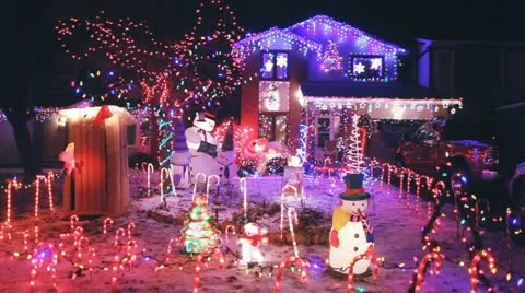 Holiday Christmas  Lights On A House In North America At Night Stock Footage