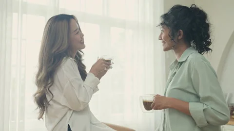 Holiday concept of 4k Resolution. Asian women having coffee together in the k Stock Footage 201222980