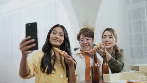 Holiday concept of 4k Resolution. Group of Asian female friends inviting onli Stock Footage 198199639