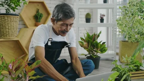 Holiday concept of 4k Resolution. The old man playing notebook in the garden. Stock Footage 150516402