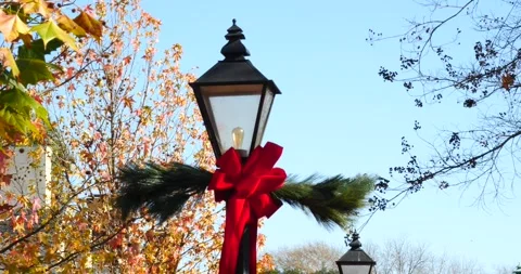 Holiday decorations adorn lamp posts in a charming town park Stock Footage 281704846
