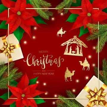 Holiday Decorations with Christmas Elements on Red Background Stock Illustration