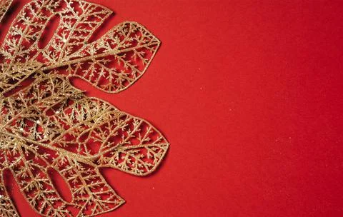 Holiday decorations on a red background. Space for text Stock Photos