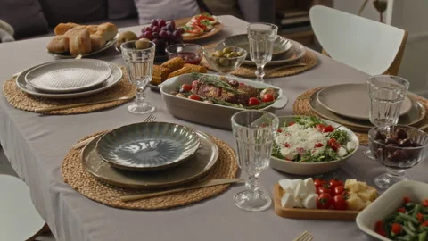 Holiday Dinner Table Served with Delicious Food for Celebration Stock Footage 340329581