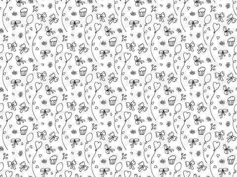 Holiday Doodle background. Seamless pattern with bows, ribbon, balloons, cupcake Stock Illustration