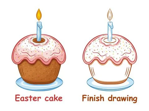 Holiday Easter cake with candle children coloring book page, finish drawing game Illustrazione stock