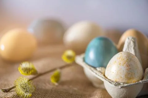 Holiday Easter card with easter eggs in a paper box Stock Photos