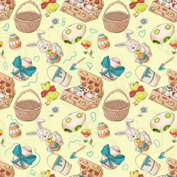 Holiday Easter seamless illustration pattern contour color drawing box with e Stock Illustration