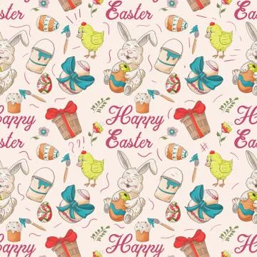 Holiday Easter seamless illustration pattern contour color drawing eggs chick Stock Illustration