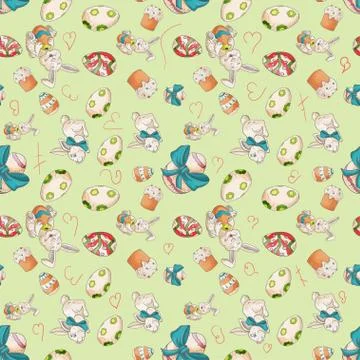 Holiday Easter seamless illustration pattern contour color drawing rabbits an Stock Illustration