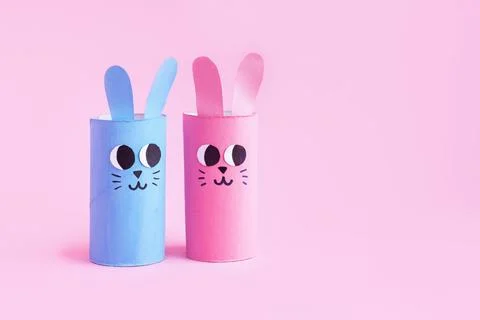 Holiday easy DIY craft idea for kids. Toilet paper roll tube toy's cute rabbit's Stock Photos