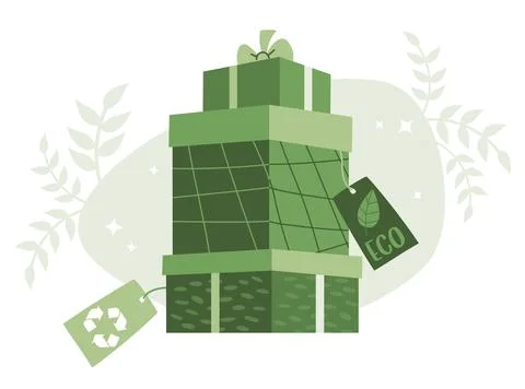 Holiday. Eco friendly shopping. Stack of festive green gift boxes with bows.. Illustrazione stock