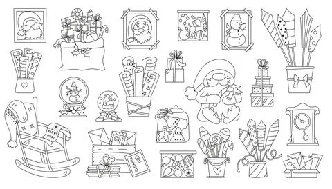 Holiday elements set coloring page for winter fun Stock Illustration