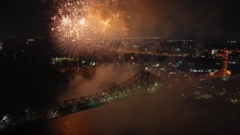 Holiday fireworks above water with reflection on the black sky background Stock Footage 346548567