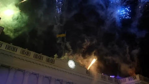 Holiday with fireworks. Light show on the facade of the house Odessa Ukraine Stock Footage 102878298