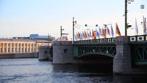 Holiday flags on Palace Bridge in Saint Petersburg Stock Footage 218092434