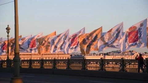 Holiday flags on Trinity Bridge at sunset Stock Footage 218089745