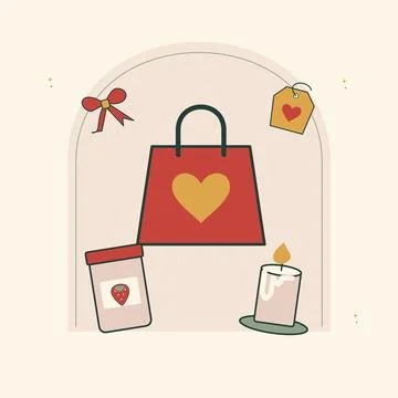 Holiday gift basket objects and ribbon. Decorative flat vector composition wi Stock Illustration