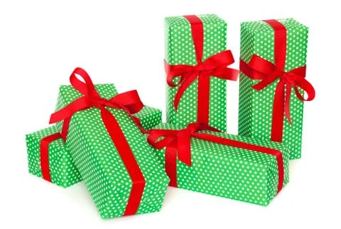 Holiday gift boxes decorated with ribbon Stock Photos