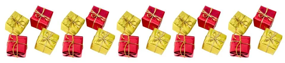 Holiday gift boxes horizontal repeating pattern. Christmas seamless border 스톡 사진