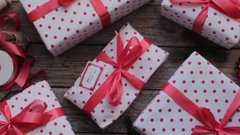 Holiday Gift Boxes on a Wooden Table 動画素材 71508635