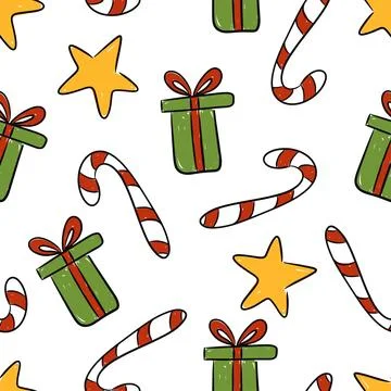 Holiday hand drawn seamless pattern. Christmas gifts, candy canes, and stars in Illustrazione stock