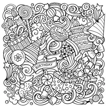 Holiday hand drawn vector doodles illustration. Birthday poster design Stock Illustration