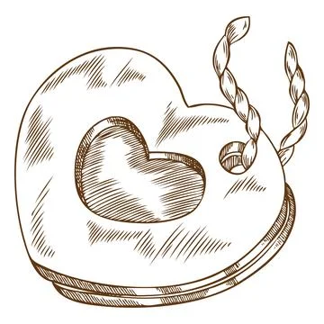Holiday heart shaped cookie on a string, monochrome hand sketch. 스톡 일러스트