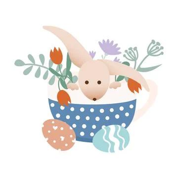 Holiday illustration. Easter bunny in a cup and Easter eggs. Illustration in Stock Illustration