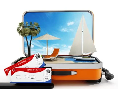 Holiday island inside half open travel suitcase. 3D illustration Stock Illustration