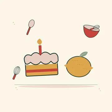 Holiday lemon cake with baking utensils. Decorative flat vector composition w Stock Illustration