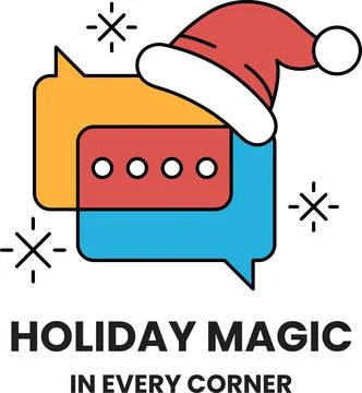 A holiday magic logo with a red hat and a blue and yellow speech bubble Stock Illustration