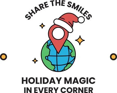 A holiday magic poster with a red and blue globe and a red and white Santa ha Stock Illustration