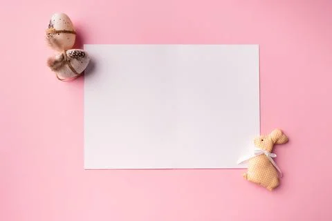 Holiday Mockup, Easter Mockup with decorative rabbit and eggs Stock Photos
