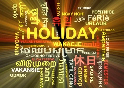 Holiday multilanguage wordcloud background concept glowing Stock Illustration