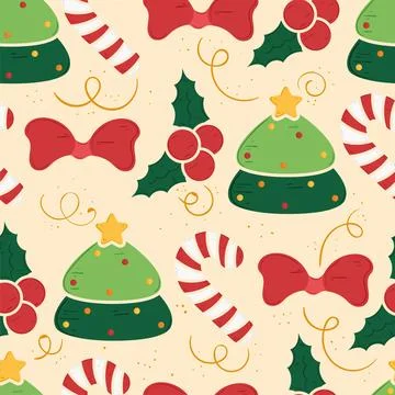Holiday pattern with bows, trees, and holly berries, Vector Illustrazione stock
