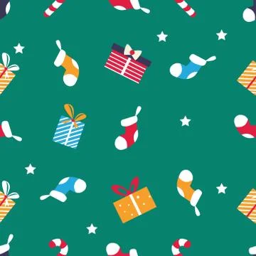 Holiday pattern with bright socks and presents Stock Illustration