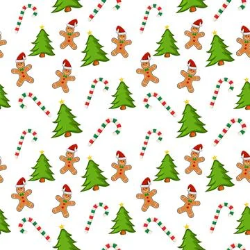 Holiday pattern with gingerbread cookies, candy cane and christmas tree on wh Stock Illustration